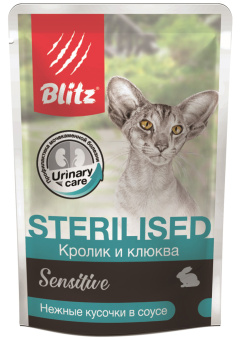 Blitz 85г пауч Sensitive Sterilised Влажный корм для стерилизованных кошек Кролик и клюква (соус)