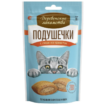 Деревенские лакомства для кошек Подушечки с пюре из креветок 30г